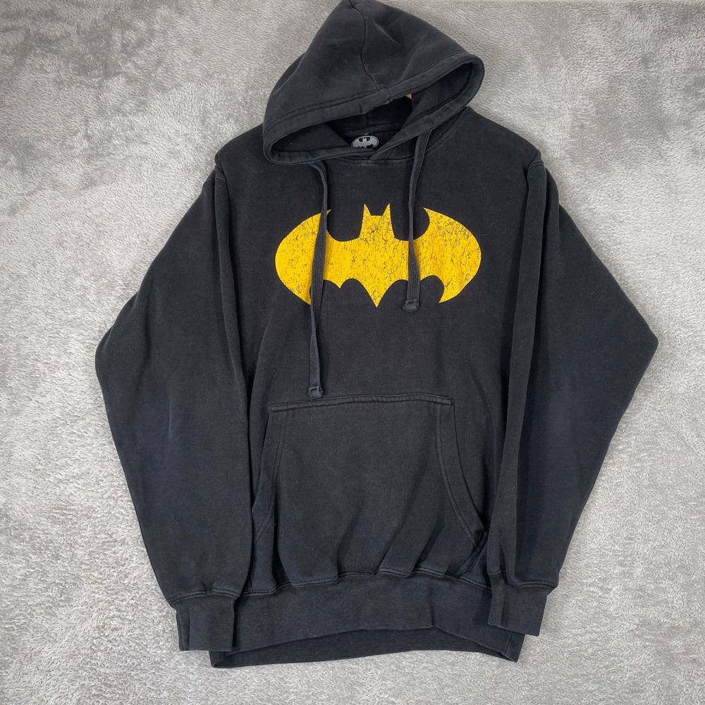 Batman Hoodie Mens Medium Black Distressed Logo Graphic Pullover Y2K Sweatshirt